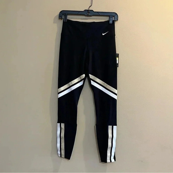 Nike Dri-Fit NWT Women's Black Gold White Icon Striped Training Tights Leggings - Picture 2 of 11